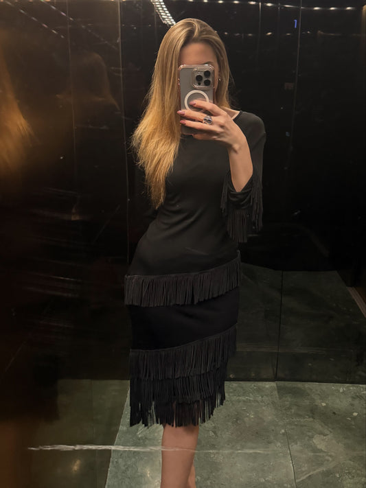 Jean Paul Gaultier Black Leather Fringe Top & Skirt Set