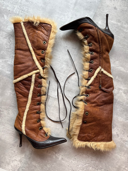 Vicini Fur Lace-Up Knee High Boots