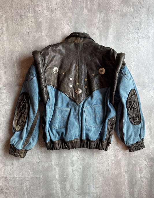 Vintage Leather & Denim Bomber Jacket