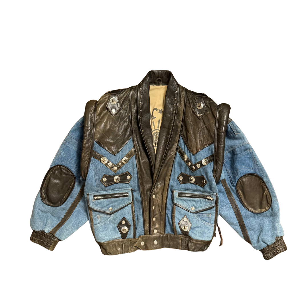 Vintage Leather & Denim Bomber Jacket
