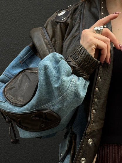 Vintage Leather & Denim Bomber Jacket