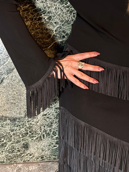 Jean Paul Gaultier Black Leather Fringe Top & Skirt Set