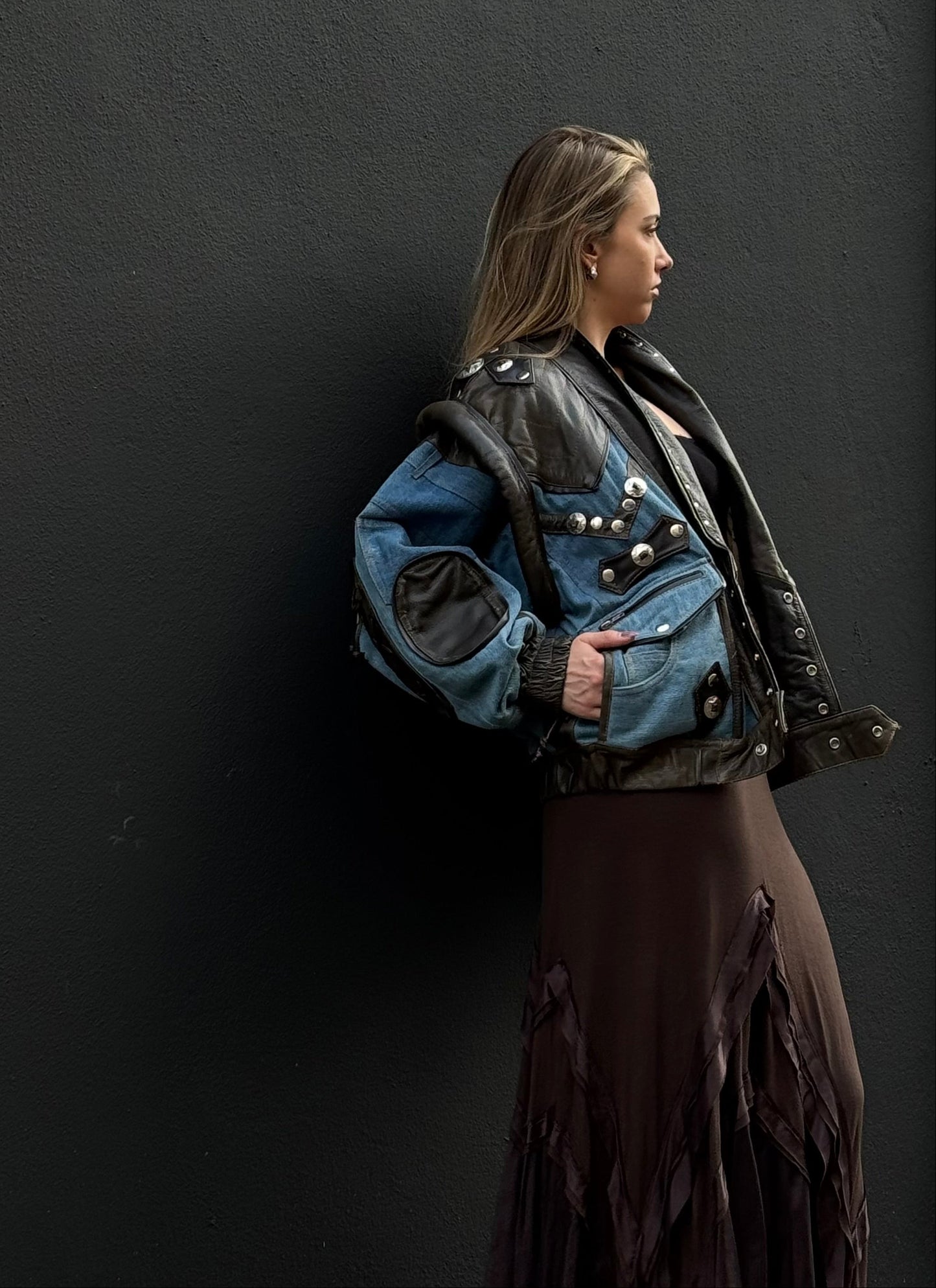 Vintage Leather & Denim Bomber Jacket