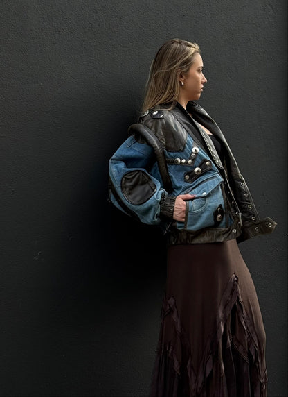 Vintage Leather & Denim Bomber Jacket
