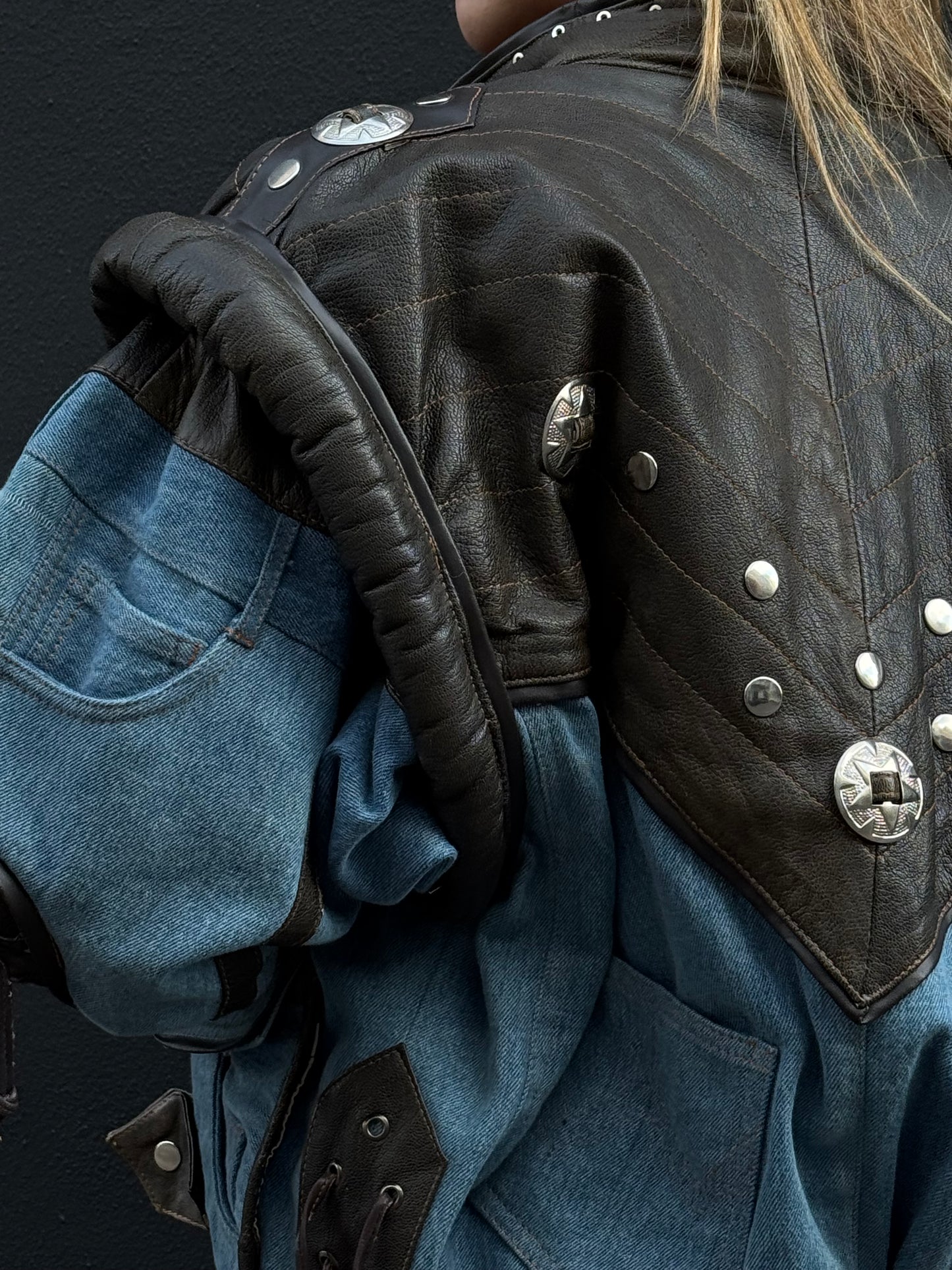 Vintage Leather & Denim Bomber Jacket