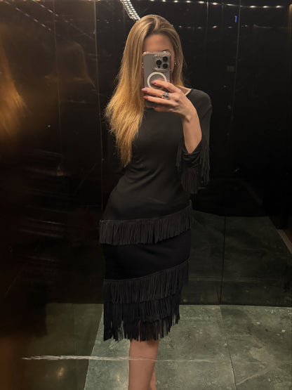 Jean Paul Gaultier Black Leather Fringe Top & Skirt Set