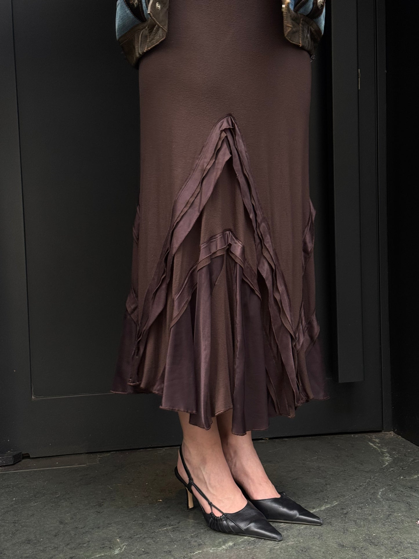 Class Cavalli Brown Satin Trim Midi Skirt