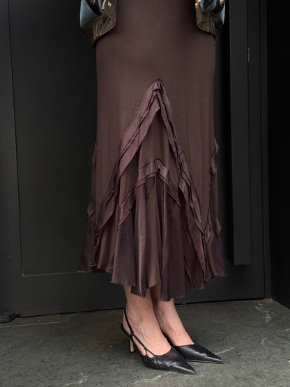 Class Cavalli Brown Satin Trim Midi Skirt