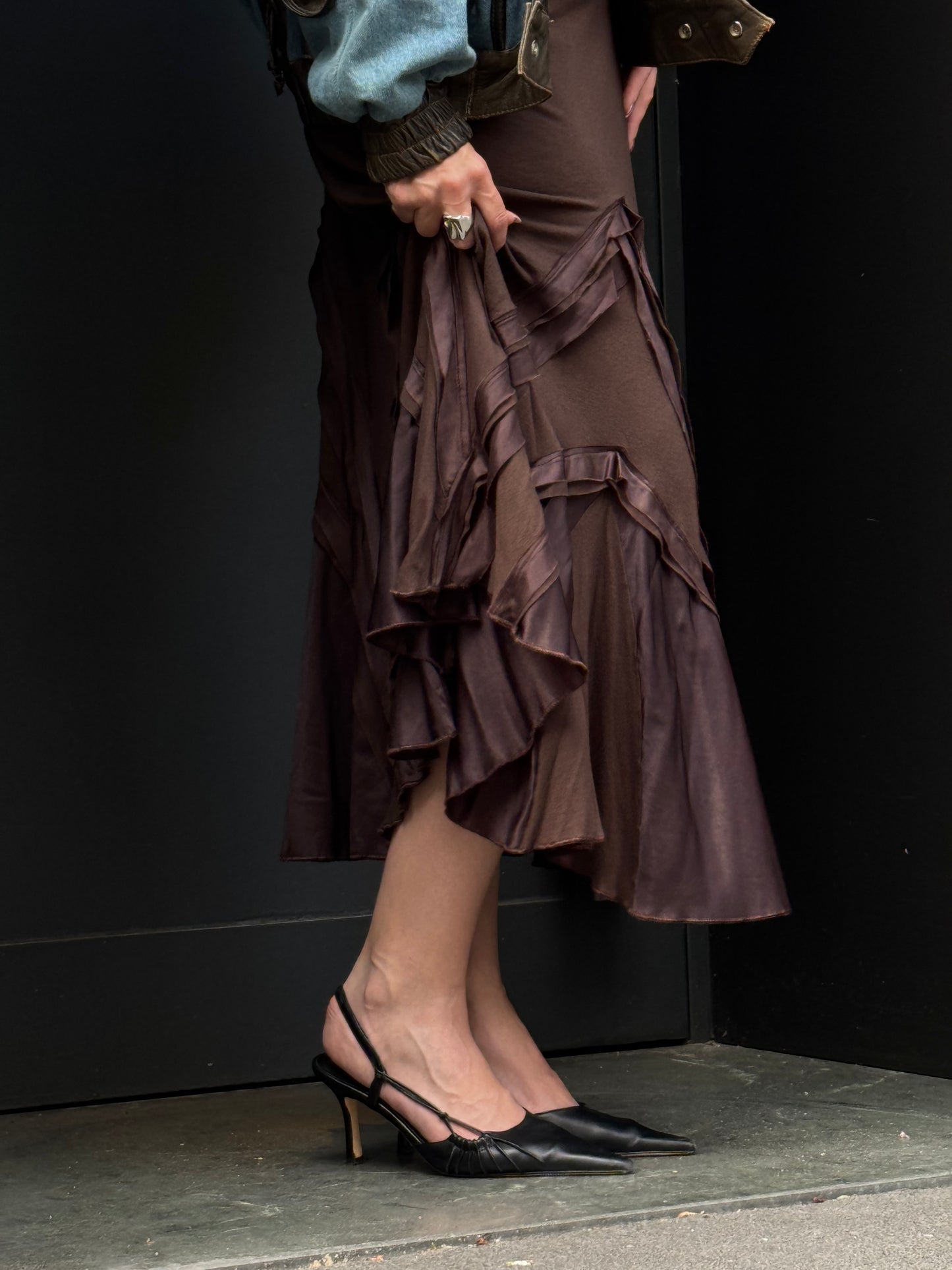 Class Cavalli Brown Satin Trim Midi Skirt