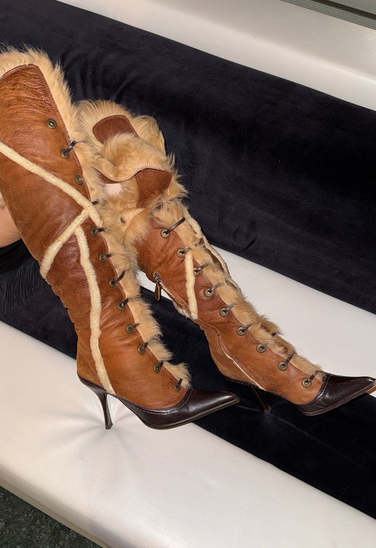 Gianmarco Lorenzi Fur Lace-Up Knee High Boots