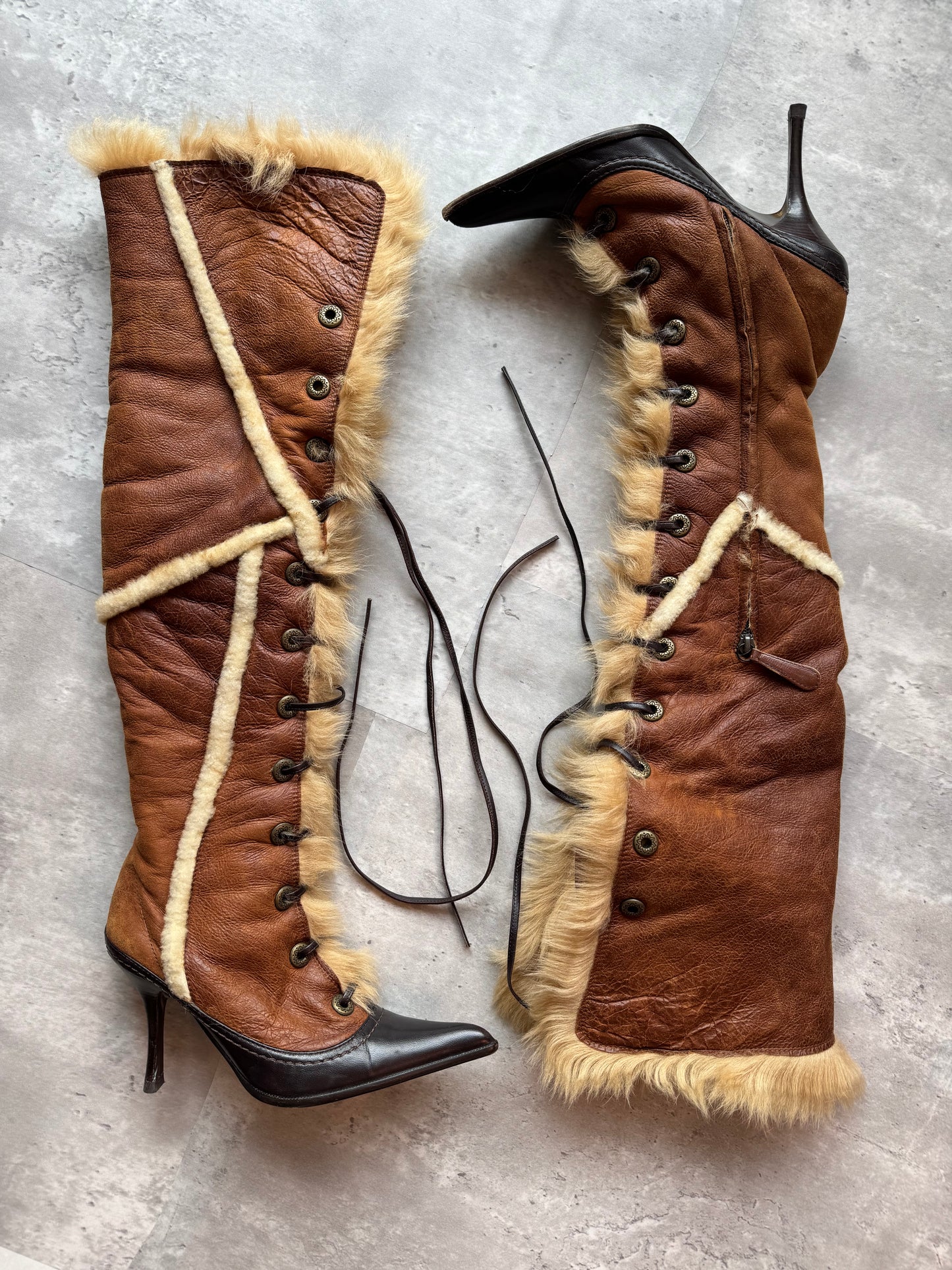 Gianmarco Lorenzi Fur Lace-Up Knee High Boots