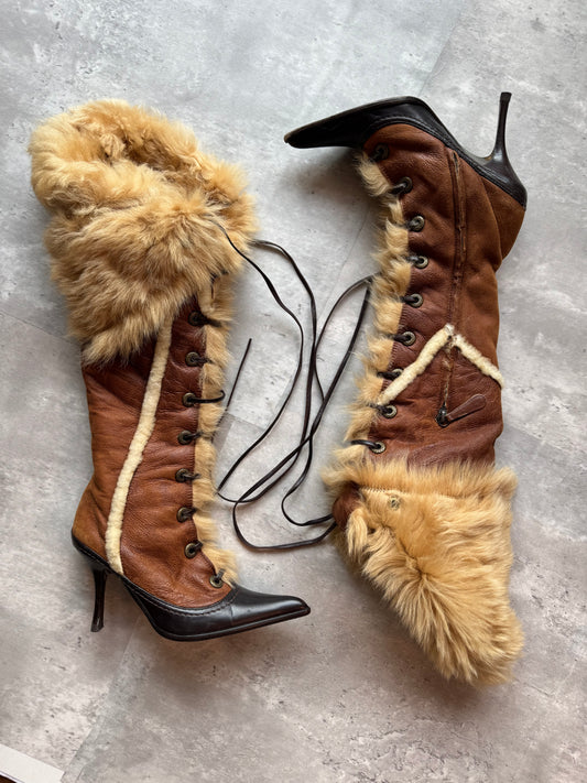 Vicini Fur Lace-Up Knee High Boots