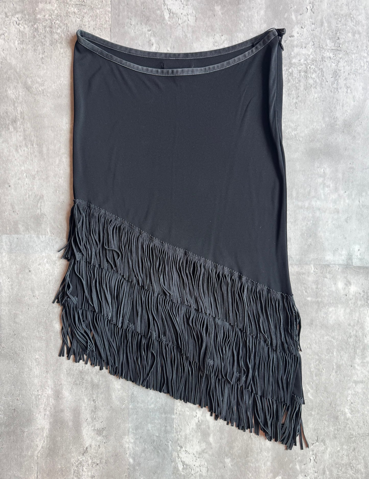 Jean Paul Gaultier Black Leather Fringe Top & Skirt Set