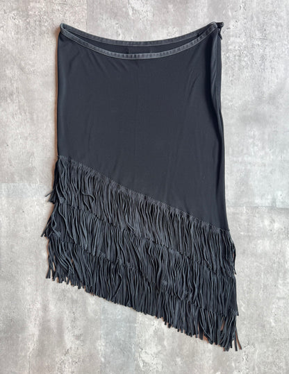Jean Paul Gaultier Black Leather Fringe Top & Skirt Set