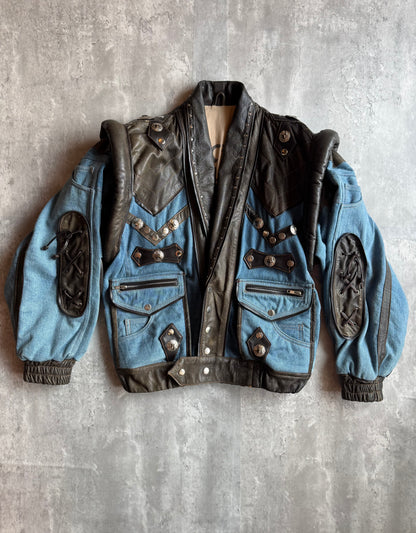 Vintage Leather & Denim Bomber Jacket