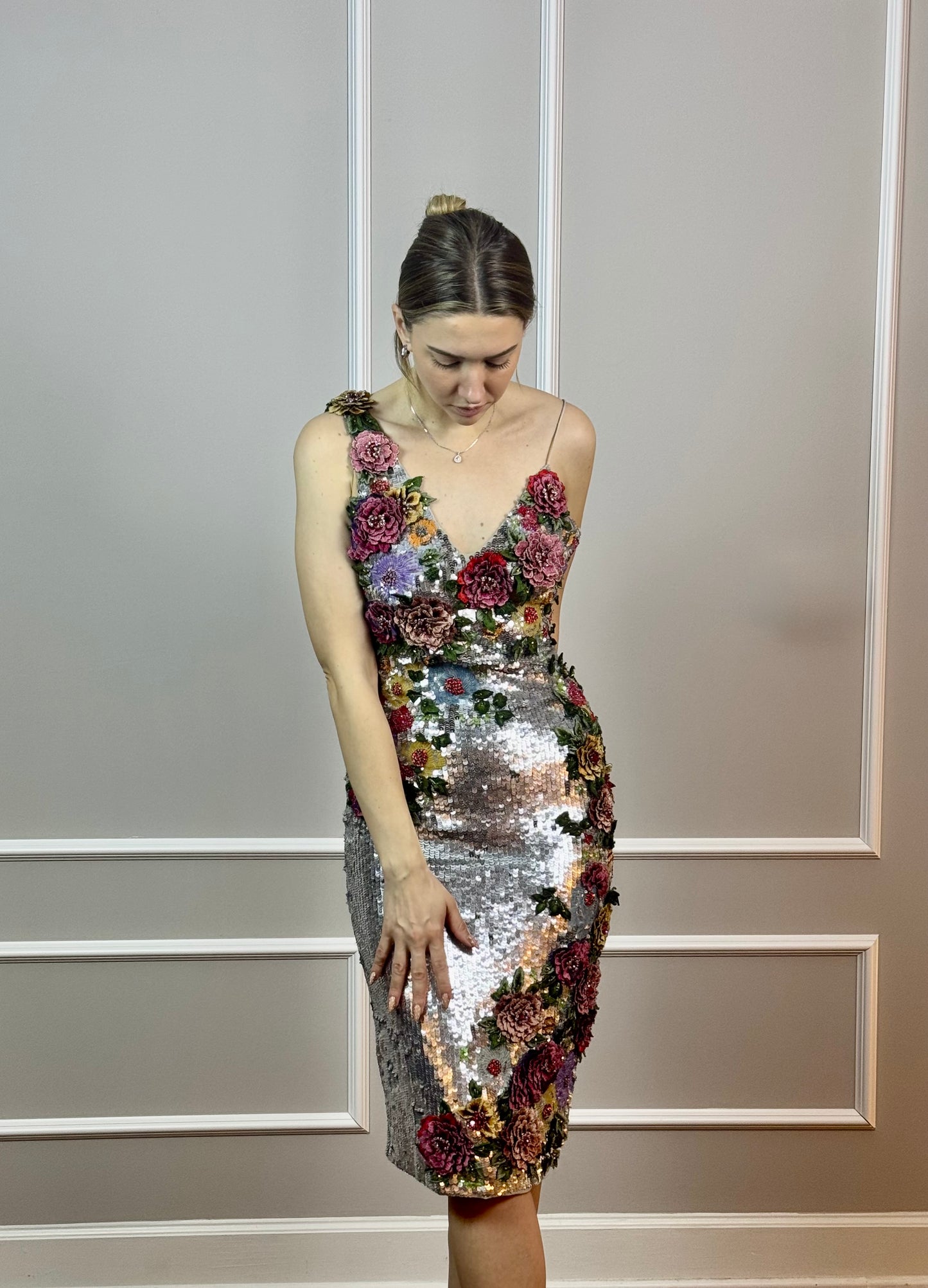 Alice + Olivia Embellished Sequin Floral Dress