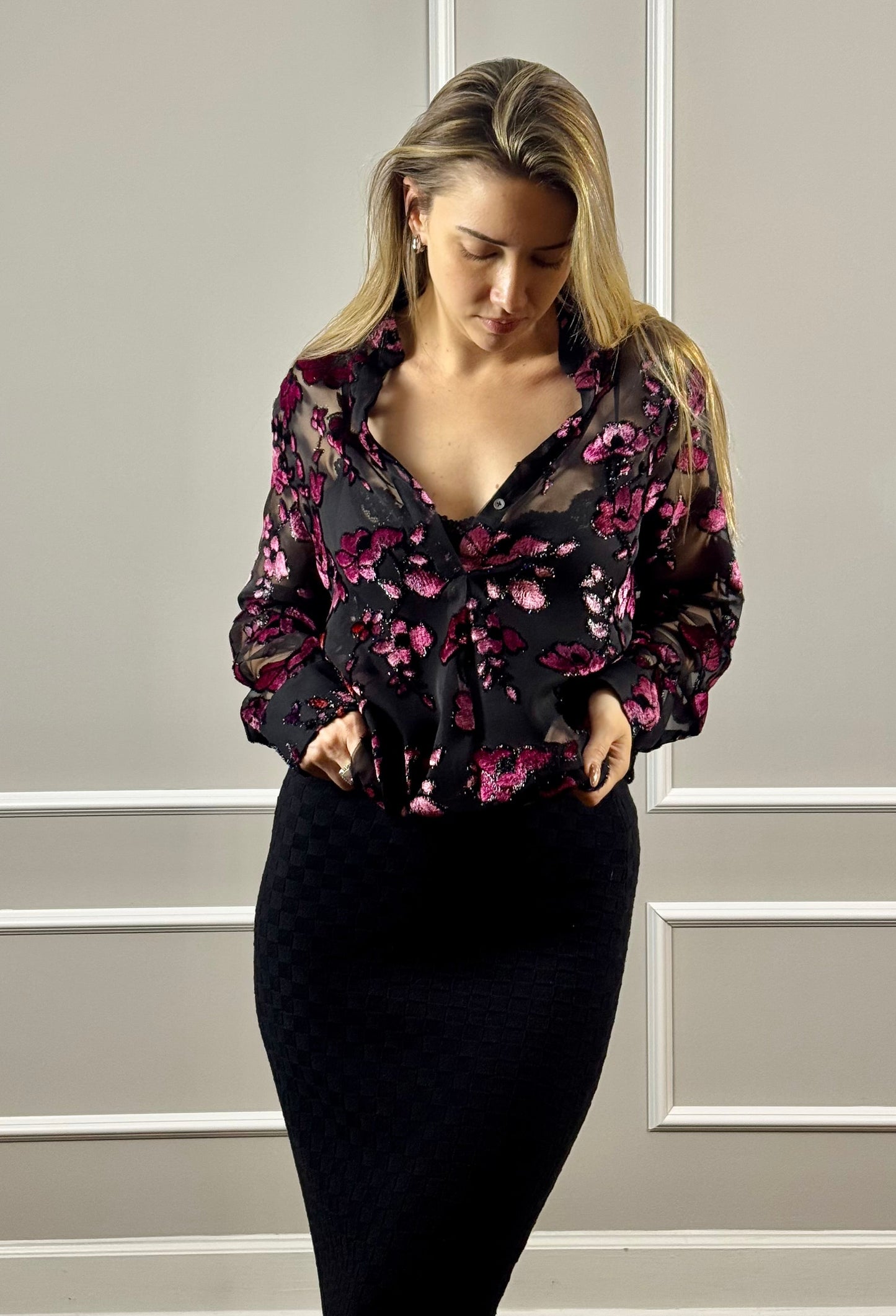 Alice + Olivia Burnout Velvet Floral Blouse