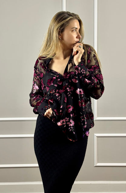 Alice + Olivia Burnout Velvet Floral Blouse