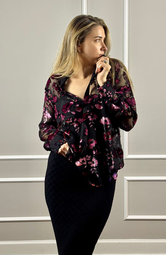 Alice + Olivia Burnout Velvet Floral Blouse